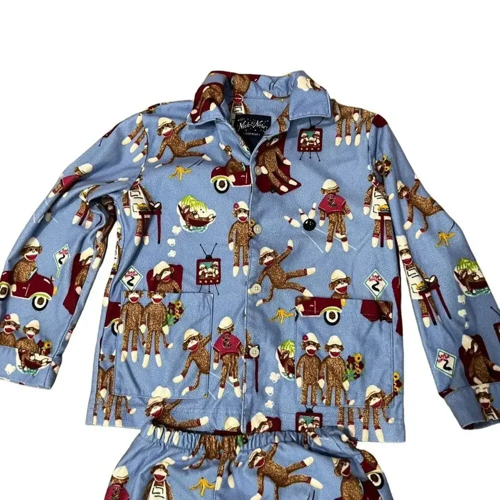 Nick & Nora Sock Monkey Flannel Pajamas PJ Set Long Sleeve Pants Blue Kids Small